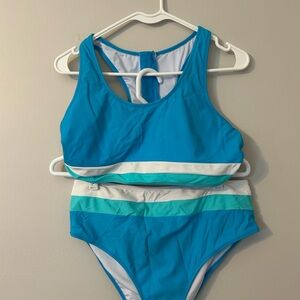 Blue and White Striped Swimsuit